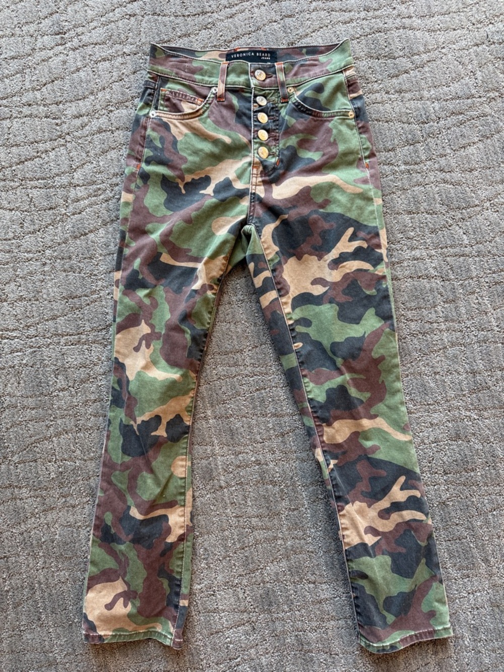 Veronica Beard Green and Brown Camo Button-Fly Pants